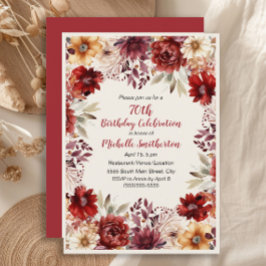 Burgundy Cream Watercolor Blommigt 75:e Birthday Inbjudningar