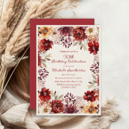 Burgundy Cream Watercolor Blommigt 90:e födelsedag Inbjudningar