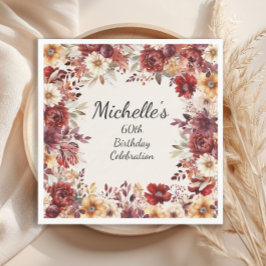 Burgundy Cream Watercolor Floral 60th Birthday Pappersservett