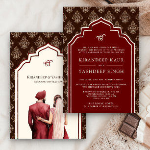 Burgundy Crème Brun Ikat Anand Karaj Sikh Bröllop Inbjudningar
