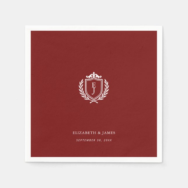 Burgundy Crest Bröllopskort med anpassade initiale Pappersservett (Framsidan)