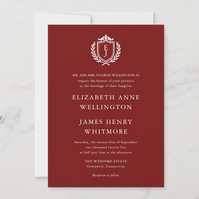 Burgundy Crest Wedding Custom Initials Inbjudningar (Framsida)