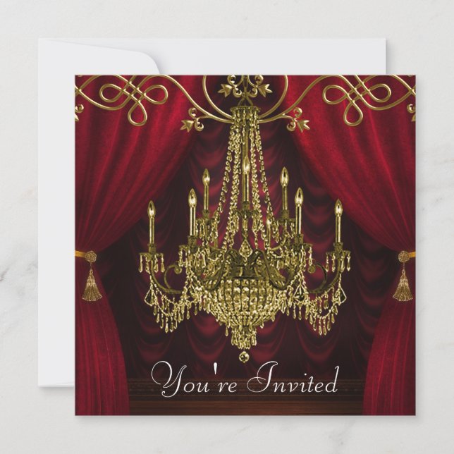 Burgundy Curdines Red Guld Chandelier Party Inbjudningar (Framsida)
