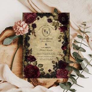 Burgundy Dahlia och Guld Baroque Romantik Inbjudningar