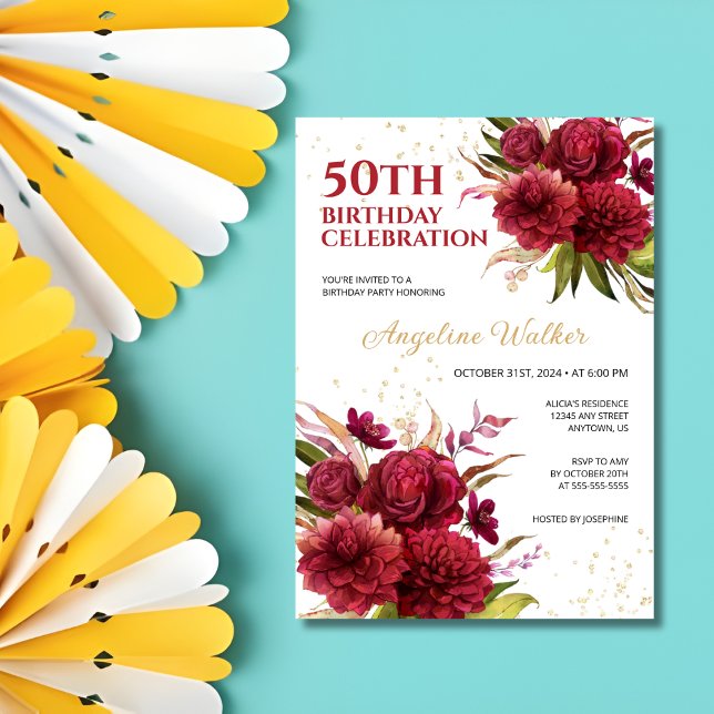 Burgundy Dahlia Ro Blommigt Guld Glitter Inbjudningar (Skapare uppladdad)