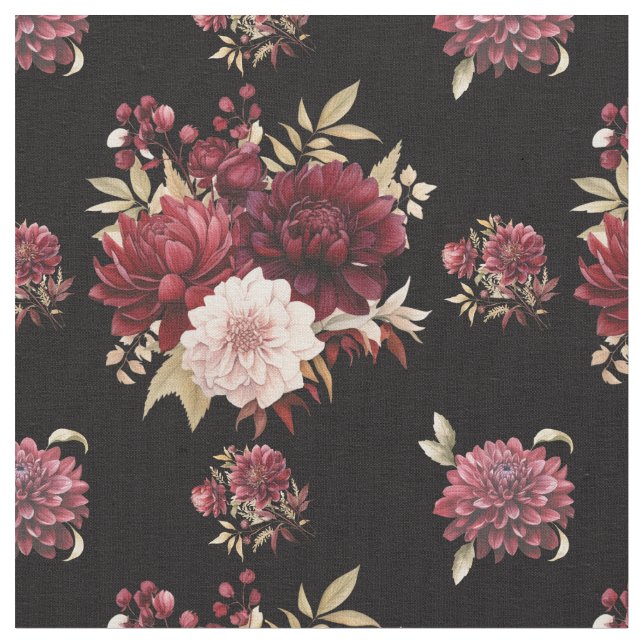 Burgundy Dahlias on Black Tyg (Närbild)