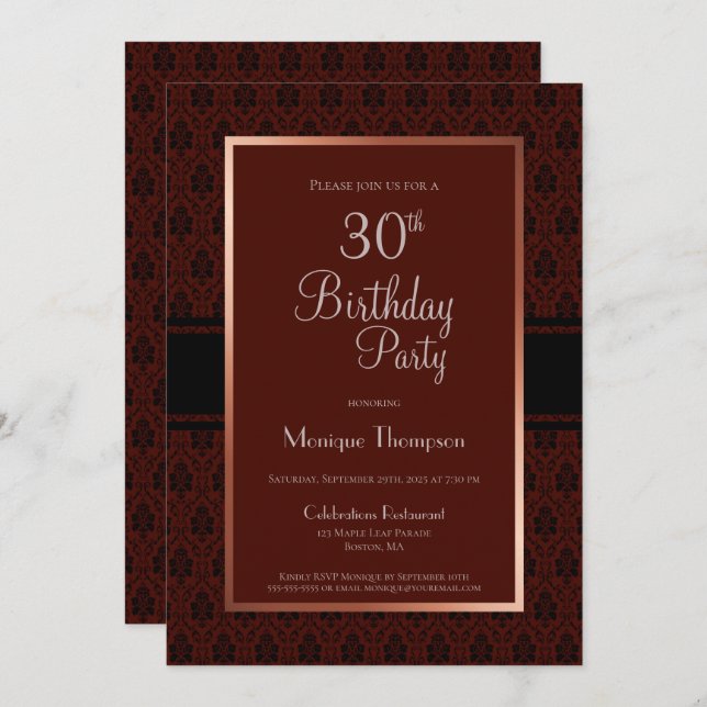 Burgundy Damask 30års födelsedag Party Inbjudningar (Fram/baksida)