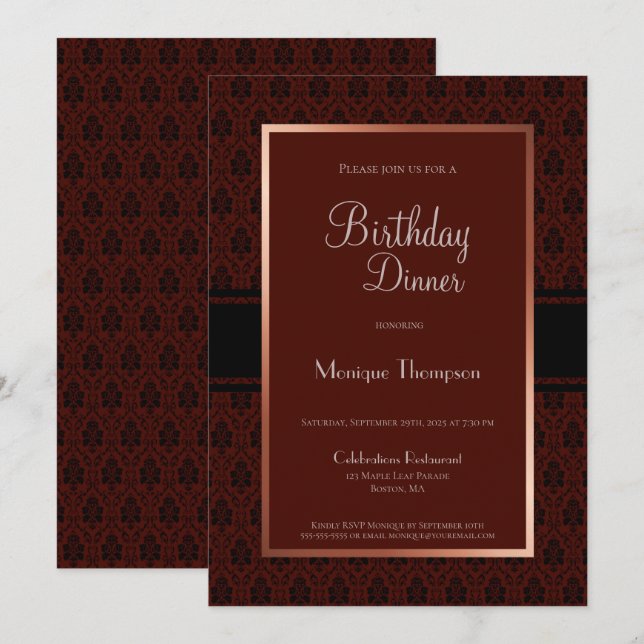 Burgundy Damask Birthday Party Inbjudningar (Fram/baksida)