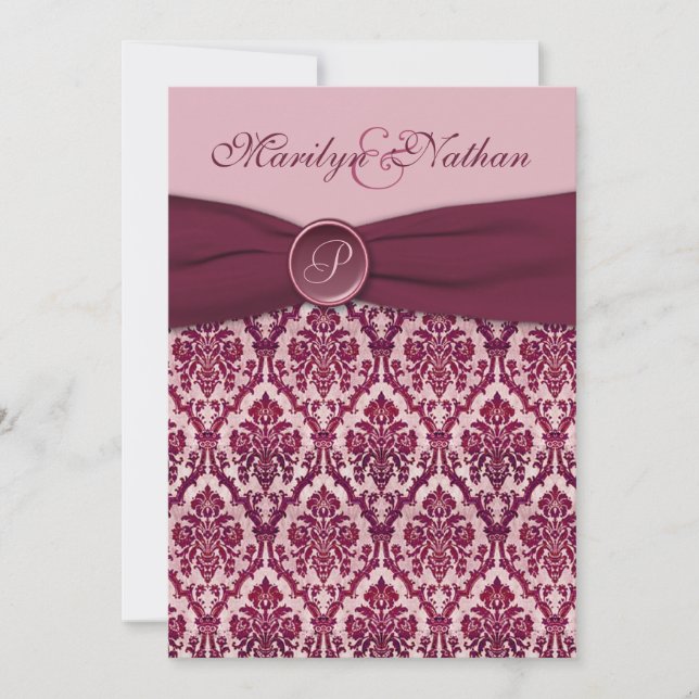 Burgundy Damask Monogrammed bröllopsinbjudan Inbjudningar (Framsida)