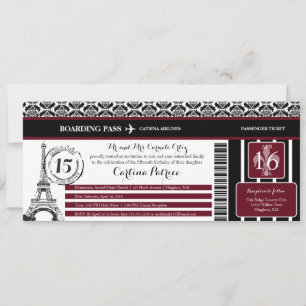 Burgundy Damask Quinceanera Paris Boarding Pass Inbjudningar