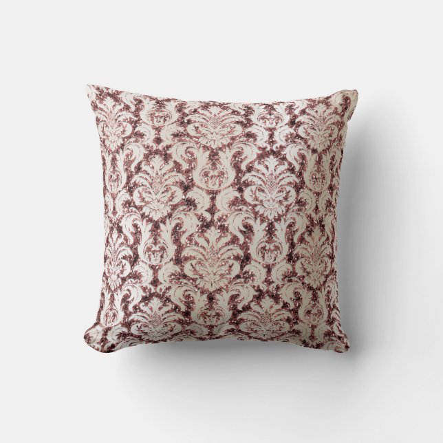 Burgundy Damask Rosa ros Guld Sequin Ivory Pearl Kudde (Framsida)