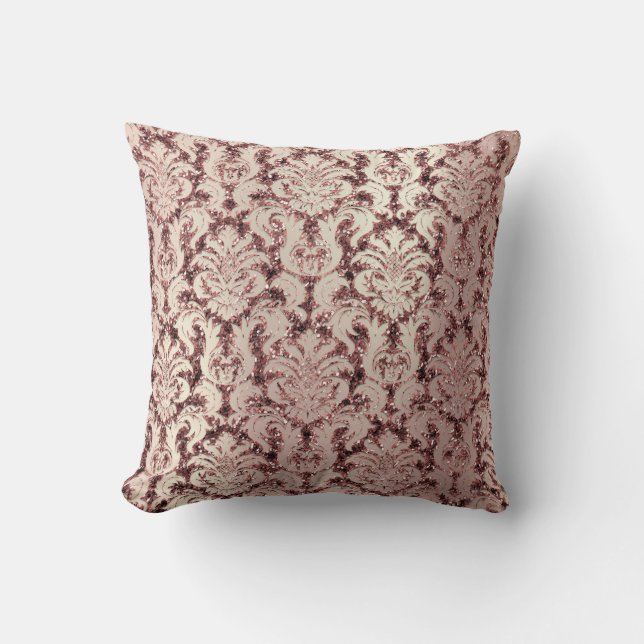 Burgundy Damask Rosa ros Guld  Sequin Pearl Kudde (Framsida)