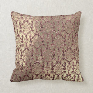 Burgundy Damask Rosa ros  Sequin Faux Guld Kudde