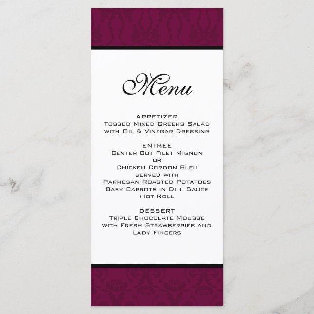 Burgundy Damask Wedding Menu Meny (Framsida)