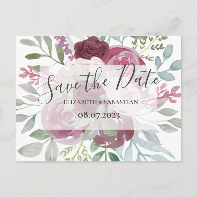 Burgundy & Damblå Akvarell Save The Date  Meddelande Vykort (Framsida)
