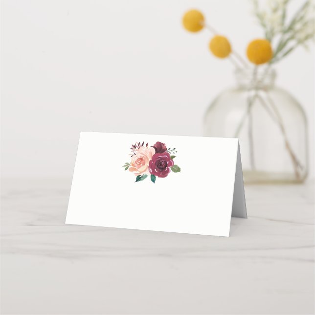 Burgundy dammgröna rosor Blommig Bröllop Placeringskort (Framsida)