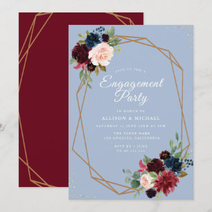 burgundy dammig blå blomsterg geometrisk förlovnin inbjudningar