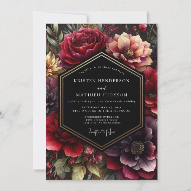 Burgundy Dark Bloom Wedding Inbjudningar (Framsida)