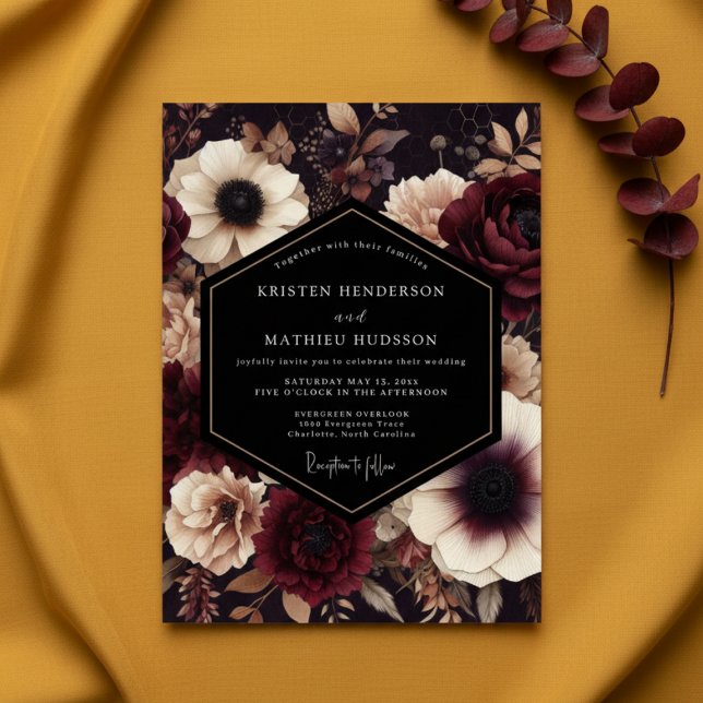 Burgundy Dark Floral Nocturne Wedding Inbjudningar (Skapare uppladdad)