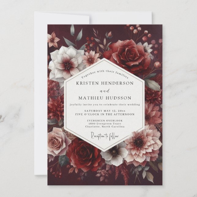 Burgundy Deep Bloom Romance Wedding Inbjudningar (Framsida)