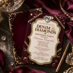 Burgundy Denim & Diamonds Födelsedagsfest Elegant Inbjudningar
