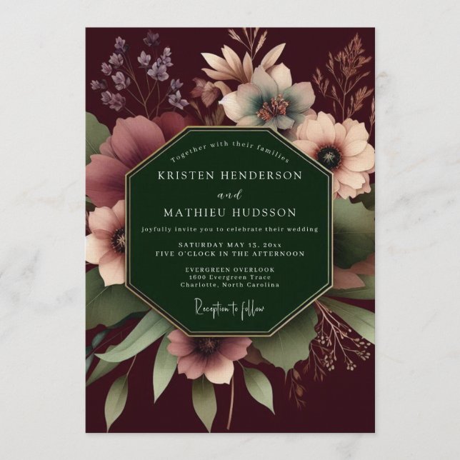Burgundy Dramatic Floral Wedding Inbjudningar (Framsida)
