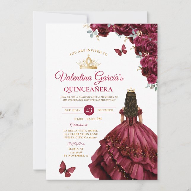 Burgundy Dress Quinceañera 15 Anos Flowers Guld Inbjudningar (Framsida)
