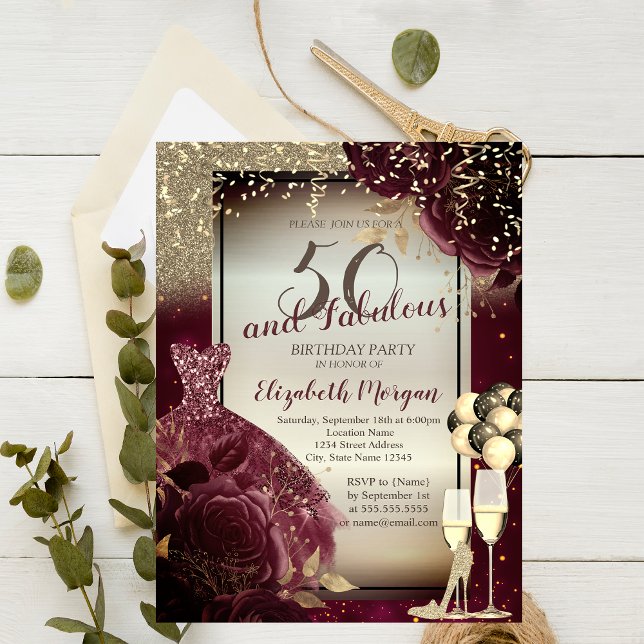 Burgundy Dress,Ro,ballonger,Guld 50:e födelsedagen Inbjudningar (Skapare uppladdad)