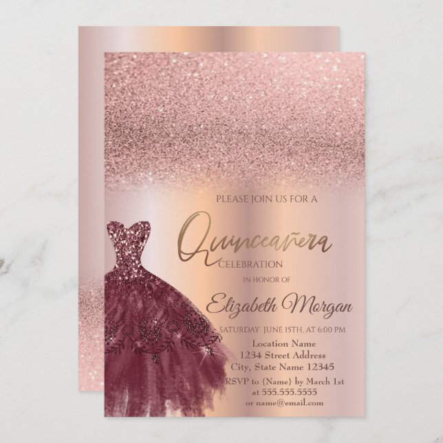 Burgundy Dress Ro Guld Ombre Quinceañera Inbjudningar (Fram/baksida)