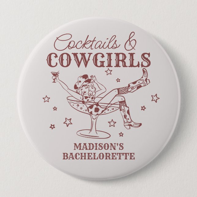 Burgundy-drinkor och cowgirls-sminkade bachelorett knapp (Framsida)
