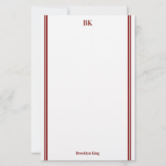 Burgundy Dubbla Linjer Monogram & Namn Brevpapper