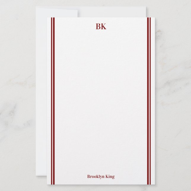 Burgundy Dubbla Linjer Monogram & Namn Brevpapper (Framsida)