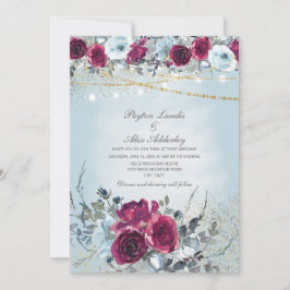 Burgundy Dusty Blue Blommigt Glitter Bröllop Inbjudningar
