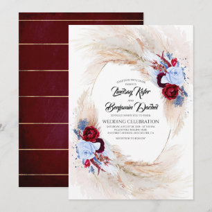 Burgundy & Dusty Blue Blommigt Pampas Grass Bröllo Inbjudningar