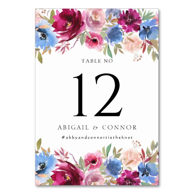 Burgundy  Dusty Blue Elegant Blommigt Bordsnummer (Framsidan)