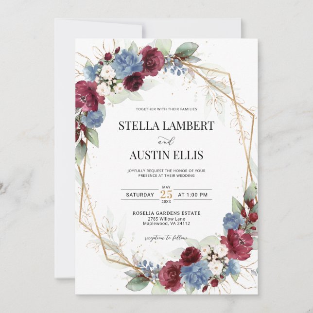 Burgundy Dusty Blue Geometric Digital Invitation Inbjudningar (Framsida)