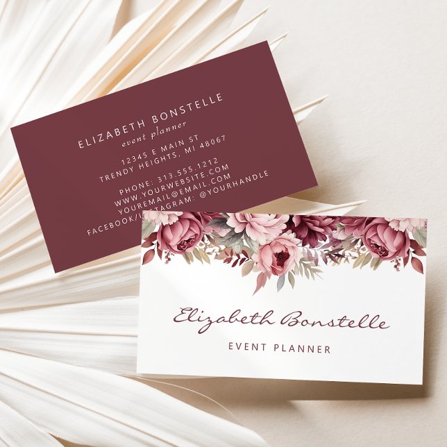 Burgundy Dusty Ro Watercolor Blommigt Visitkort (Skapare uppladdad)