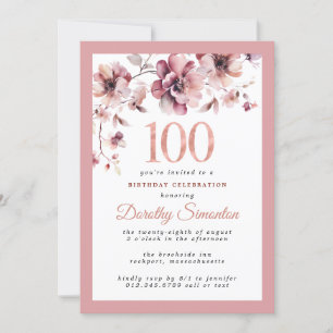 Burgundy Dusty Rosa Blommigt 100-årsdagen Inbjudningar
