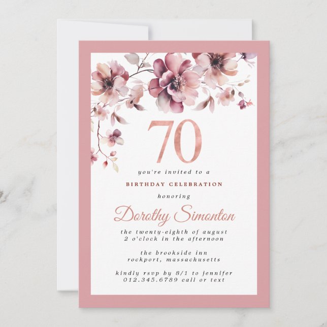 Burgundy Dusty  Rosa Blommigt 70:e födelsedagen Inbjudningar (Framsida)