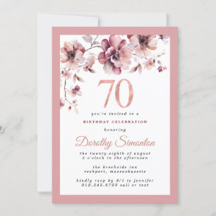 Burgundy Dusty Rosa Blommigt 70:e födelsedagen Inbjudningar