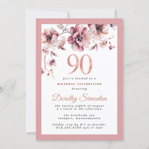 Burgundy Dusty Rosa Blommigt 90:e födelsedag Inbjudningar