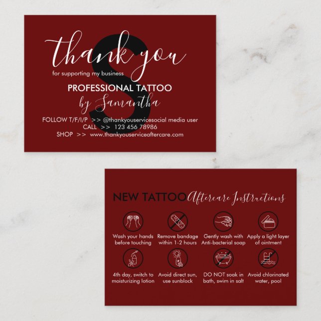 Burgundy eftervårdsinstruktioner Tattoo tack Visitkort (Fram/baksida)