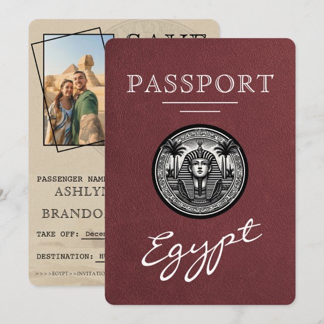 Burgundy Egypt Passport Bröllop Spara datumet (Fram/baksida)
