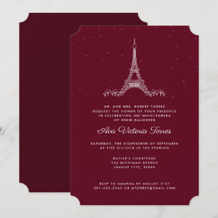 Burgundy Eiffel Torn under Stars Quinceañera Inbjudningar