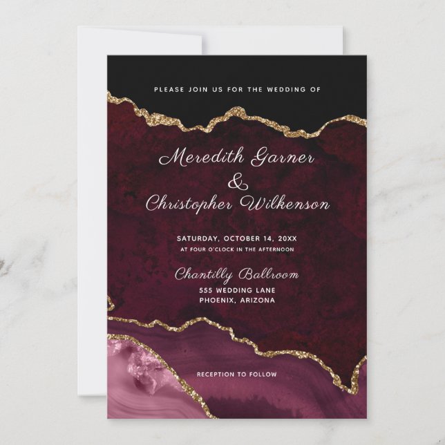 Burgundy Elegance Guld Glitter Agate Bröllop Inbjudningar (Framsida)