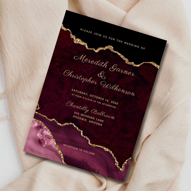 Burgundy Elegance Guld Glitter Agate Bröllop Inbjudningar (Skapare uppladdad)