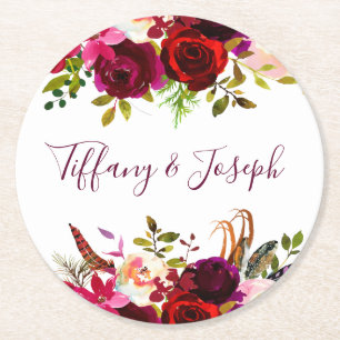 Burgundy Elegant Blommigt Vår Garden Wedding Weddi Underlägg Papper Rund