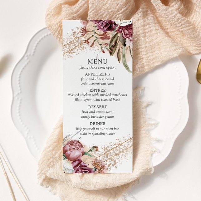 Burgundy, Elegant Boho Menu för   och Ro Guld Reklamkort (Skapare uppladdad)