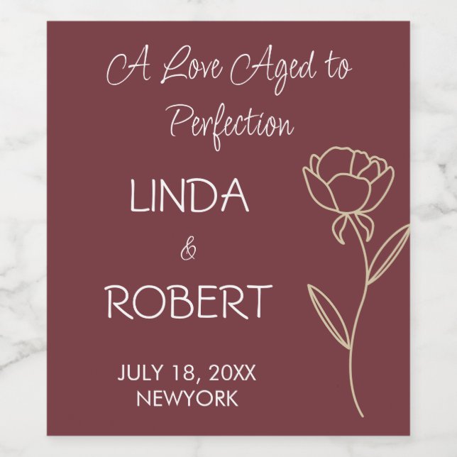 Burgundy Elegant bröllop Vin-etikett Vinflaska Etikett (Singel etikett)