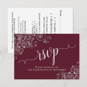 Burgundy Elegant Calligraphy Silver Frills Bröllop OSA Kort